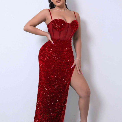 Sequin Spliced Mesh Adjustable Strap Dress