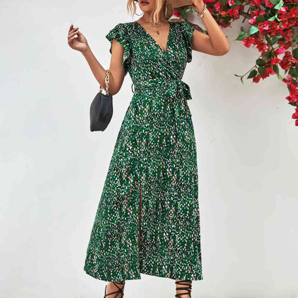 Printed Surplice Neck Flutter Sleeve Slit Dress