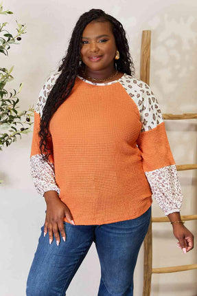 Double Take Leopard Waffle-Knit Long Sleeve Blouse