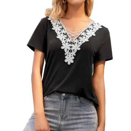 Women's Sexy Deep V Neck Cutout Lace Panel T-Shirt
