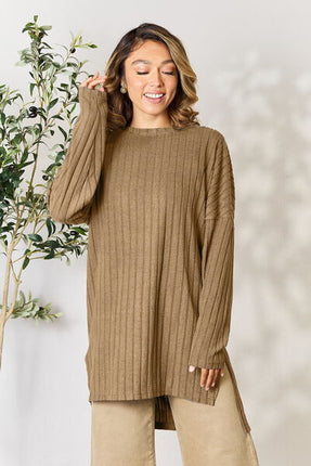 Basic Bae Full Size Ribbed Round Neck Long Sleeve Slit Top - Vickie Lynn's