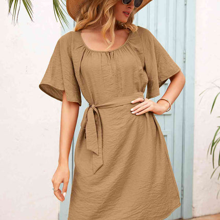 Tie Waist Flutter Sleeve Mini Dress