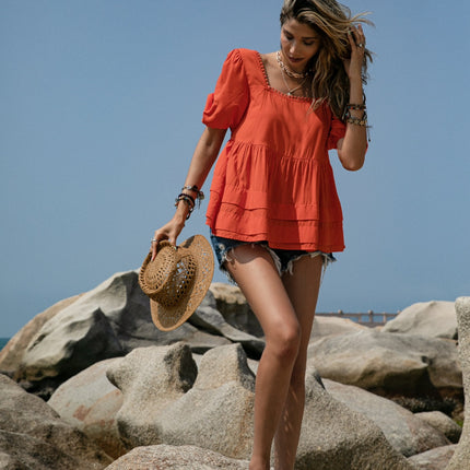 Peplum Square Neck Short Sleeve Blouse