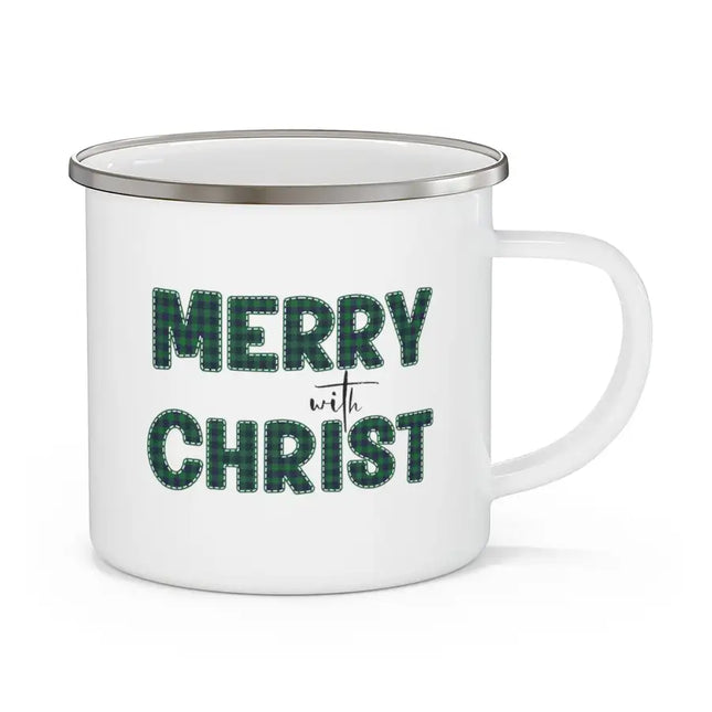 White Enamel Mug for School/Work/Travel - 12oz, Merry With Christ, Green Plaid Christmas Holiday Pattern Print