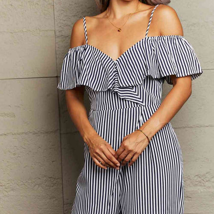 Striped Spaghetti Strap Cold-Shoulder Jumpsuit