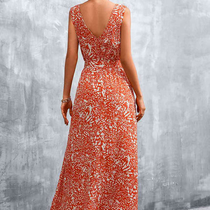 Printed V-Neck Tie Waist Maxi Dress
