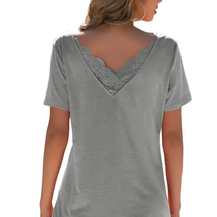 Women's Lace Stitching V-Neck Short Sleeve T-Shirt Open Back Small Sexy Top
