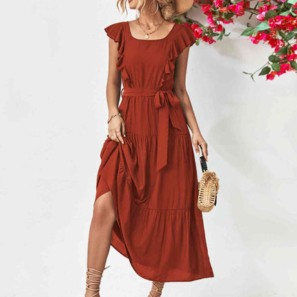 Tie Belt Ruffled Tiered Dress