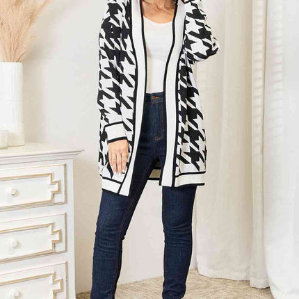 Woven Right Houndstooth Open Front Longline Cardigan - Vickie Lynn's