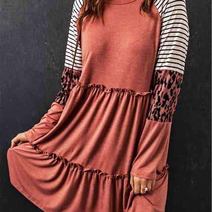 Mixed Print Frill Trim  Long Sleeve Dress