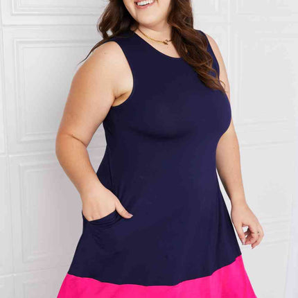 Yelete Full Size Two-Tone Sleeveless Mini Dress with Pockets