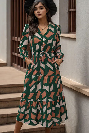 Printed Tied Pocketed Lantern Sleeve Dress - Vickie Lynn's