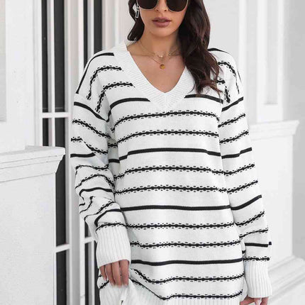Striped V-Neck Sweater Dress