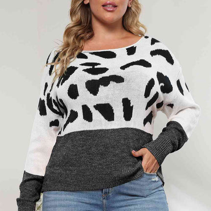 Plus Size Leopard Round Neck Long Sleeve Sweater