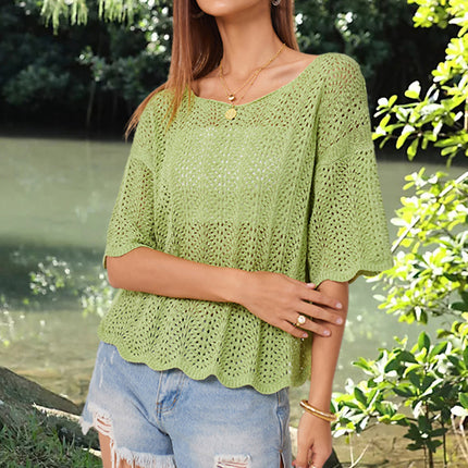 Openwork Round Neck Half Sleeve Knit Top