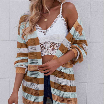 Full Size Striped Long Sleeve Openwork Cardigan