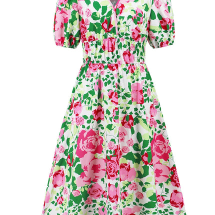 Ruched Printed Surplice Short Sleeve Dress