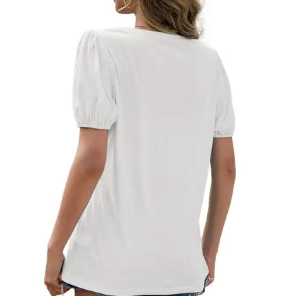 Women's Loose V-Neck Pullover Short Sleeve T-Shirt Solid Color Puff Sleeve Top