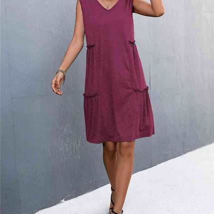 V-Neck Frill Trim Sleeveless Dress