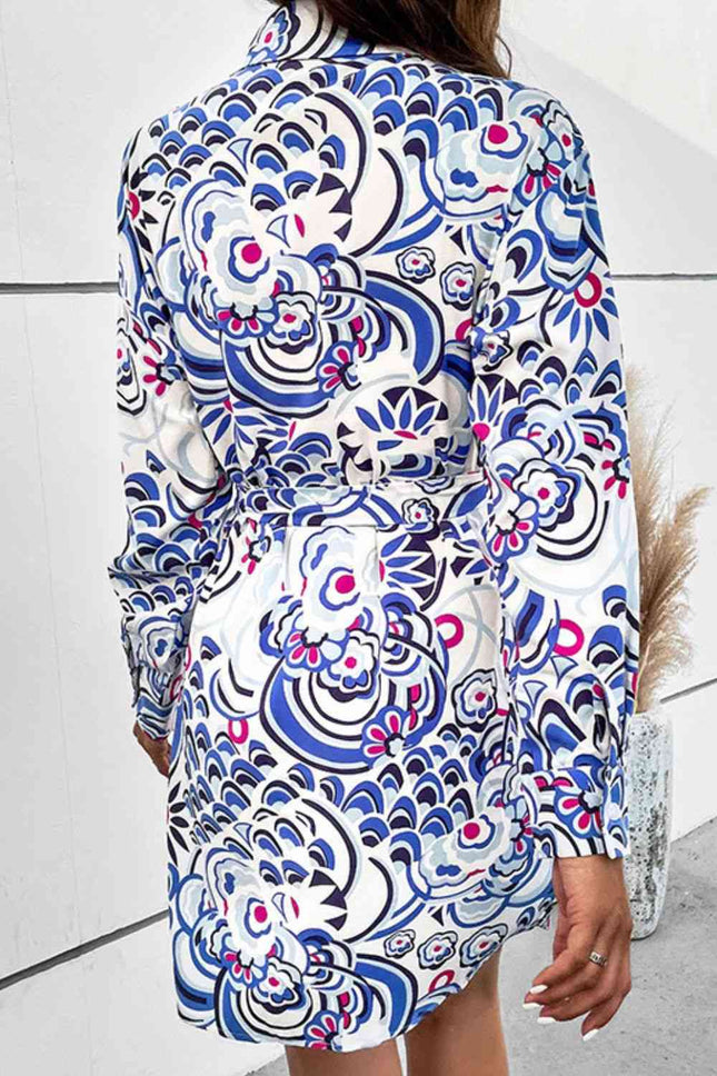 Printed Collared Neck Tie Waist Long Sleeve Dress