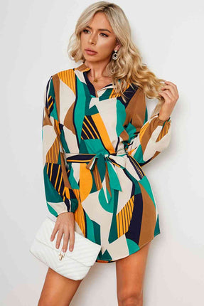 Geometric Print Belted Curved Hem Dress