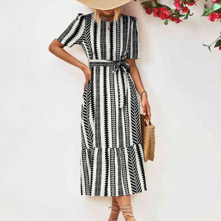Striped Tie Belt Round Neck Puff Sleeve Dress