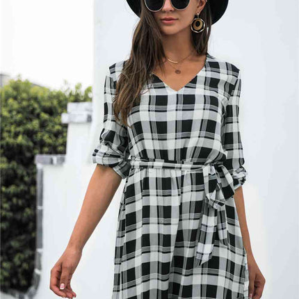 Plaid V-Neck Tie Waist Dress