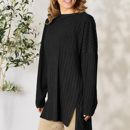 Basic Bae Full Size Ribbed Round Neck Long Sleeve Slit Top - Vickie Lynn's