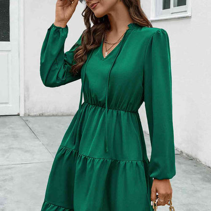 V-Neck Tie Neck Long Sleeve Dress
