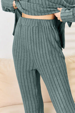 Basic Bae Full Size Ribbed Drawstring Hood Top and Straight Pants Set - Vickie Lynn's
