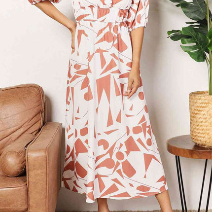 Double Take Printed Surplice Balloon Sleeve Dress - Vickie Lynn's