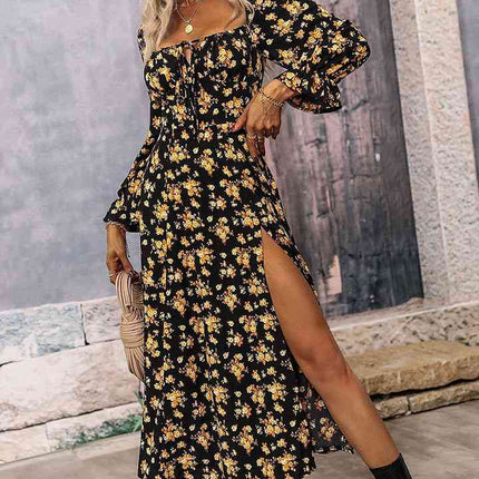 Square Neck Printed Slit Dress
