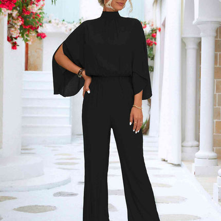 Tie Back Mock Neck Split Sleeve Jumpsuit