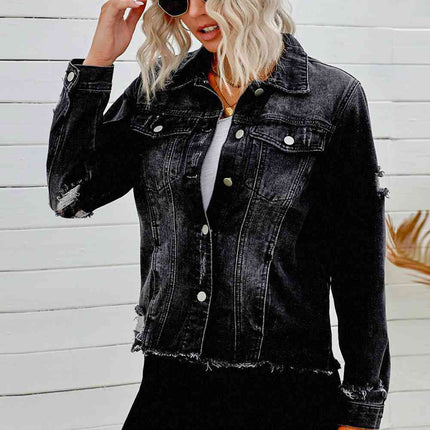 Distressed Raw Hem Denim Jacket - Vickie Lynn's