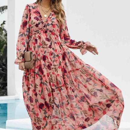 Floral Frill Trim Flounce Sleeve Plunge Maxi Dress - Vickie Lynn's