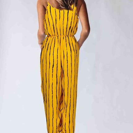 Striped Contrast Tie Ankle Spaghetti Strap Jumpsuit