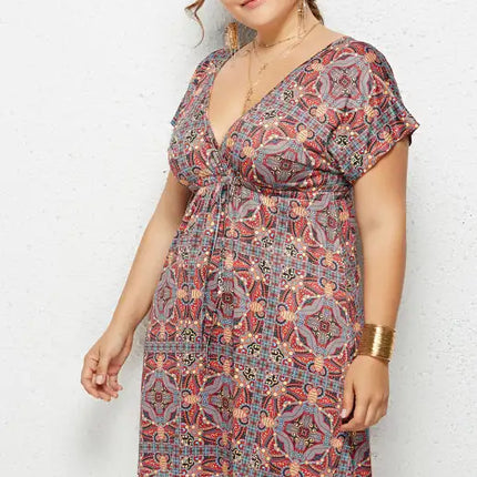 Women's Plus Size Deep V Print Dress