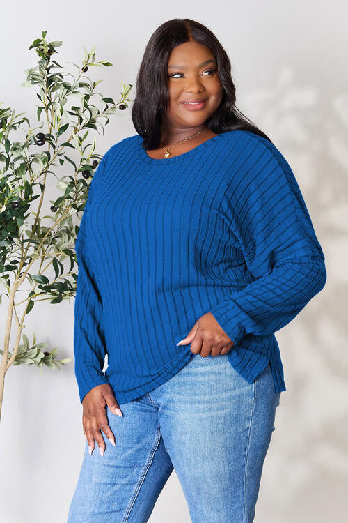 Basic Bae Full Size Ribbed Round Neck Slit Knit Top - Vickie Lynn's