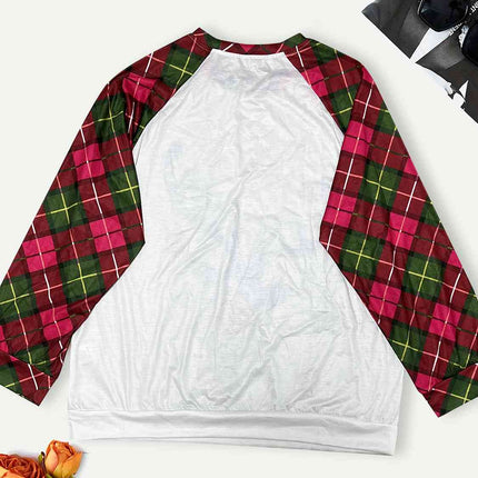 Plus Size Reindeer Graphic Plaid Long Sleeve T-Shirt