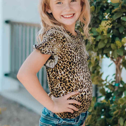 Girls Leopard Short Flounce Sleeve Tee