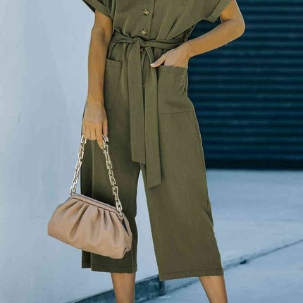 Tie-Waist Buttoned Cropped Jumpsuit