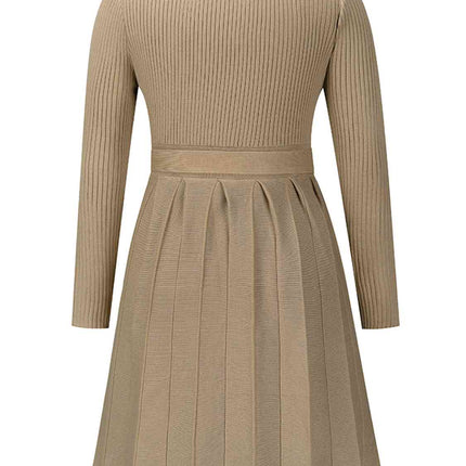Surplice Neck Tie Front Pleated Sweater Dress