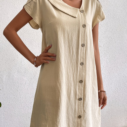 Decorative Button Asymmetrical Neck Short Sleeve Dress