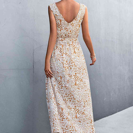 Printed V-Neck Tie Waist Maxi Dress