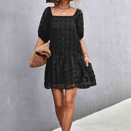 Swiss Dot Square Neck Half Balloon Sleeve Dress