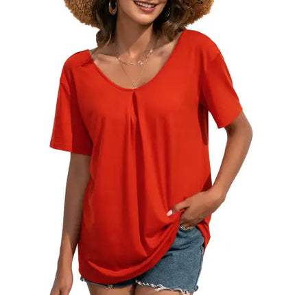 Camiseta casual de manga corta con cuello en V y encaje para mujer 