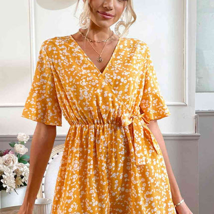 Printed Surplice Neck Ruffled Romper