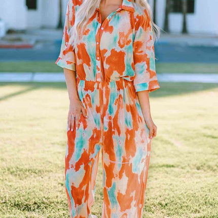 Tie-Dye Collared Wide Leg Jumpsuit