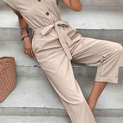 Capped Sleeve Belted V-Neck Jumpsuit - Vickie Lynn's
