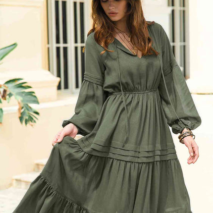 Tie Neck Long Sleeve Midi Tiered Dress